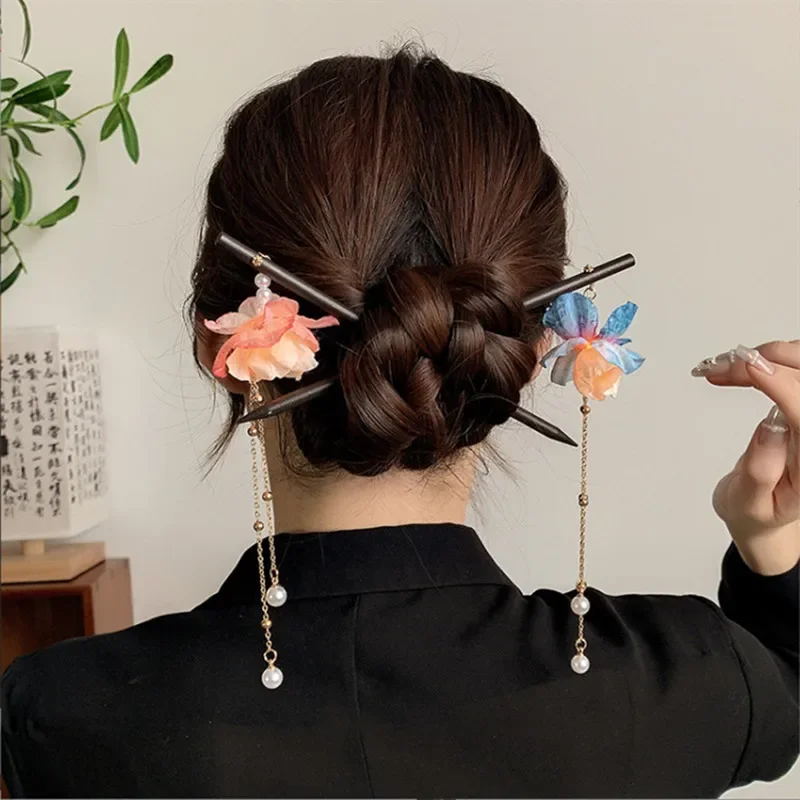 Ancient Style Hairpin Luminous Headwear Tassel Hanfu Hair Sticks Chinese Style Hair Accessories Wooden Hair Fork Headdress Gift