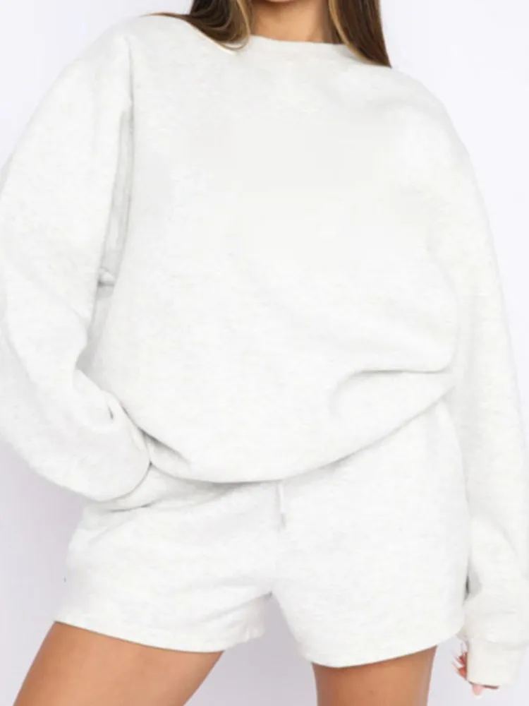 Dame Fashion Solid Sport Set Casual O Hals Langarm Pullover Lose Top Und Shorts Zwei Stück Sets Für Frauen Frühling Herbst Neue