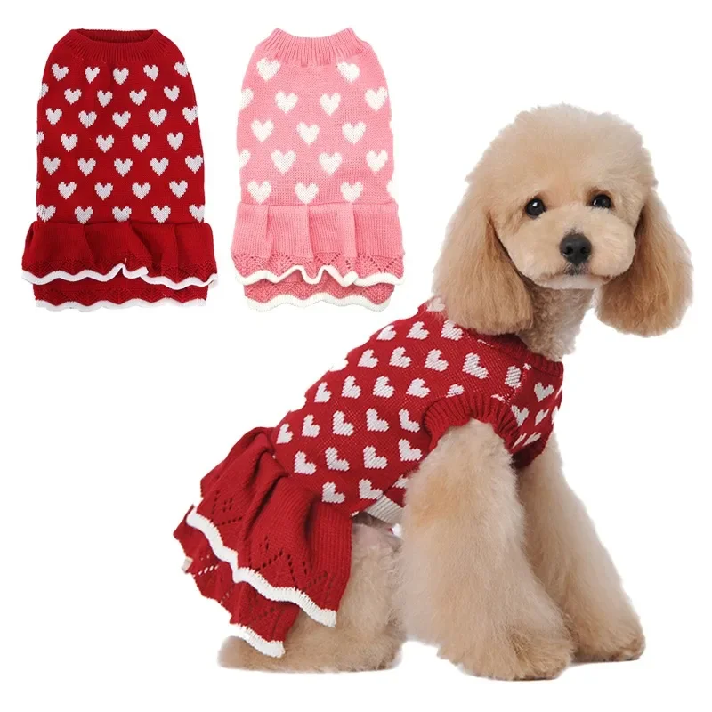 

2025 Dog Knitted Sweater Dress Heart Puppy Sweater Warm Soft Pet Holiday Clothes for Small Cats and Dogs