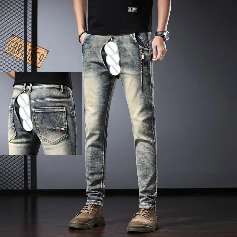 Vintage Jeans Men's Open Crotch Sex Pants Slim-fit Casual Trousers Cargo Men Clothing Denim Y2k Streetwear Baggy Exotic Hotpants