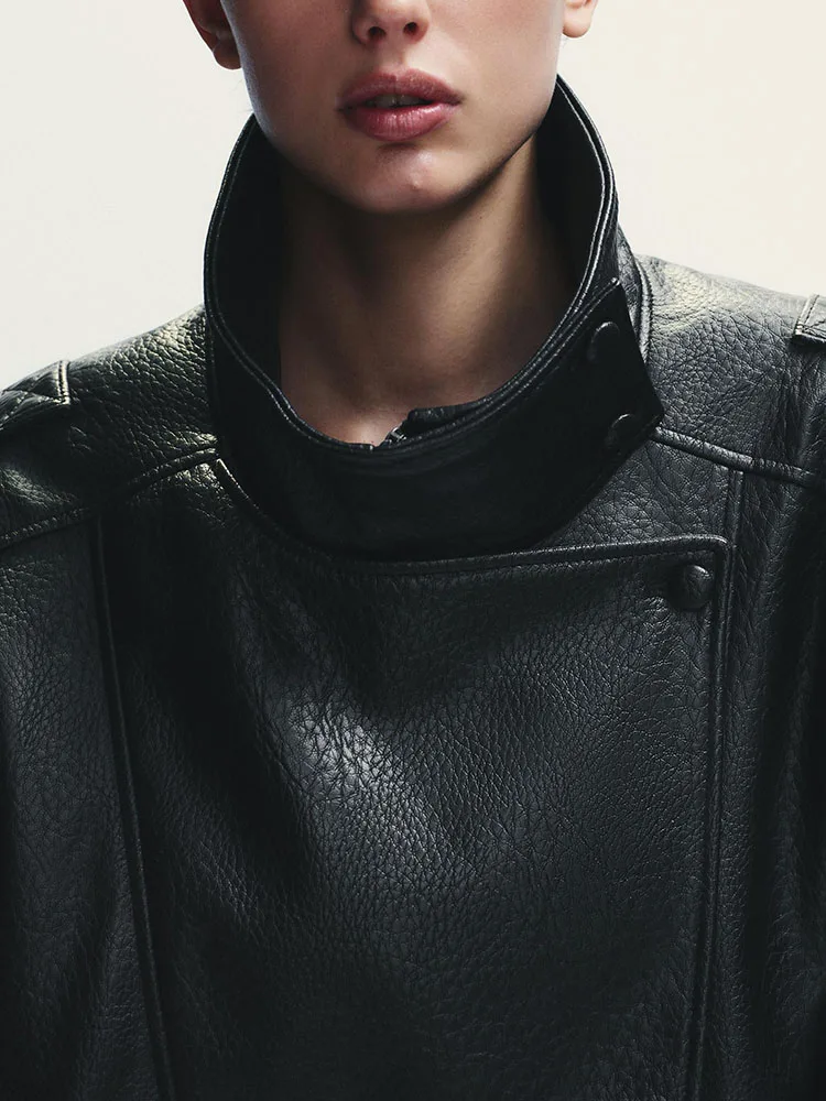 Elegancki, słodki, długi płaszcz ze stójką, kurtka wierzchnia, nowość na jesień 2025, damski płaszcz ort, skóra ekologiczna.