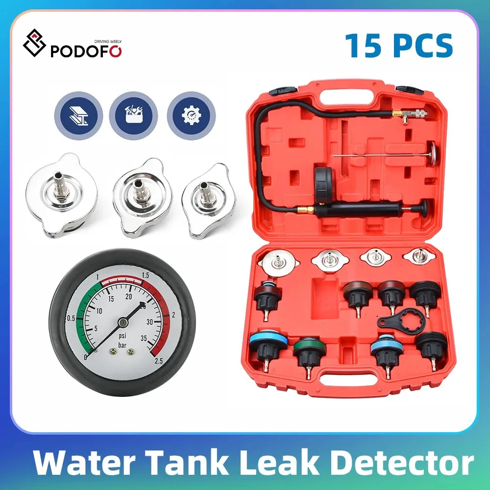 Podofo Water Tank Leak Detector 15pcs Universal Car Radiator Pressure Leakage Tester Tool Set Auto Cooling System Water Tank