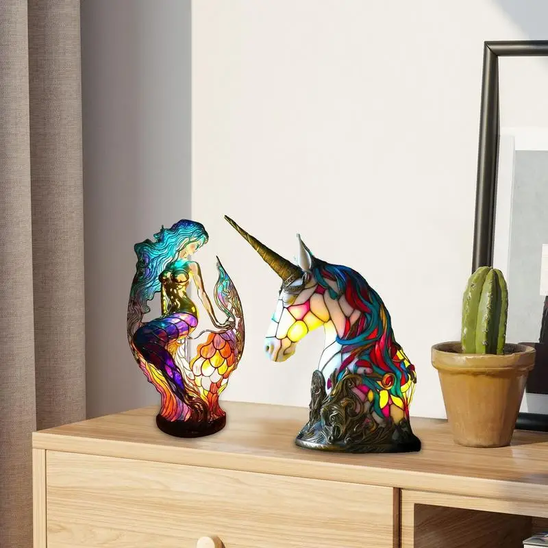 

Mermaid Unicorns Shaped Night Light Girl Figurine Colorful Table Lamp Cute Lover Girl Friend Unicorns Mares Desktop Lamps Lights