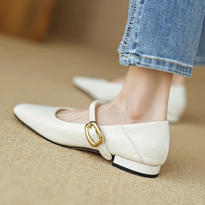 Low Heels Women Pumps Fashion Buckle Strap Mary Janes Genuine Leather Spring Summer Casual Working Shoes Woman 2024 White Heels