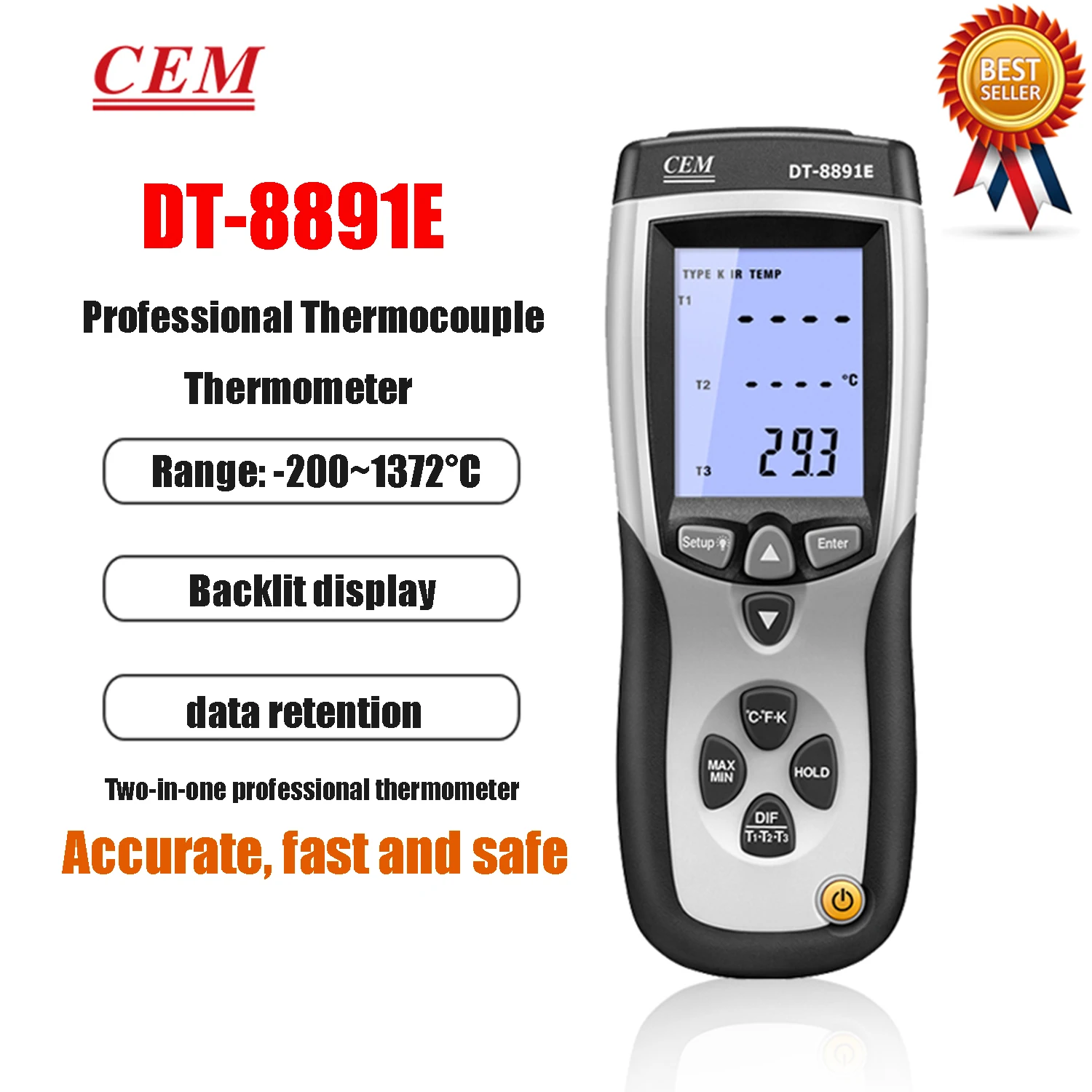 CEM DT-8891 DT-8891E Thermocouple Thermometers Backlit Display Infrared K-type Industry Thermometer USB Connected to Computer.