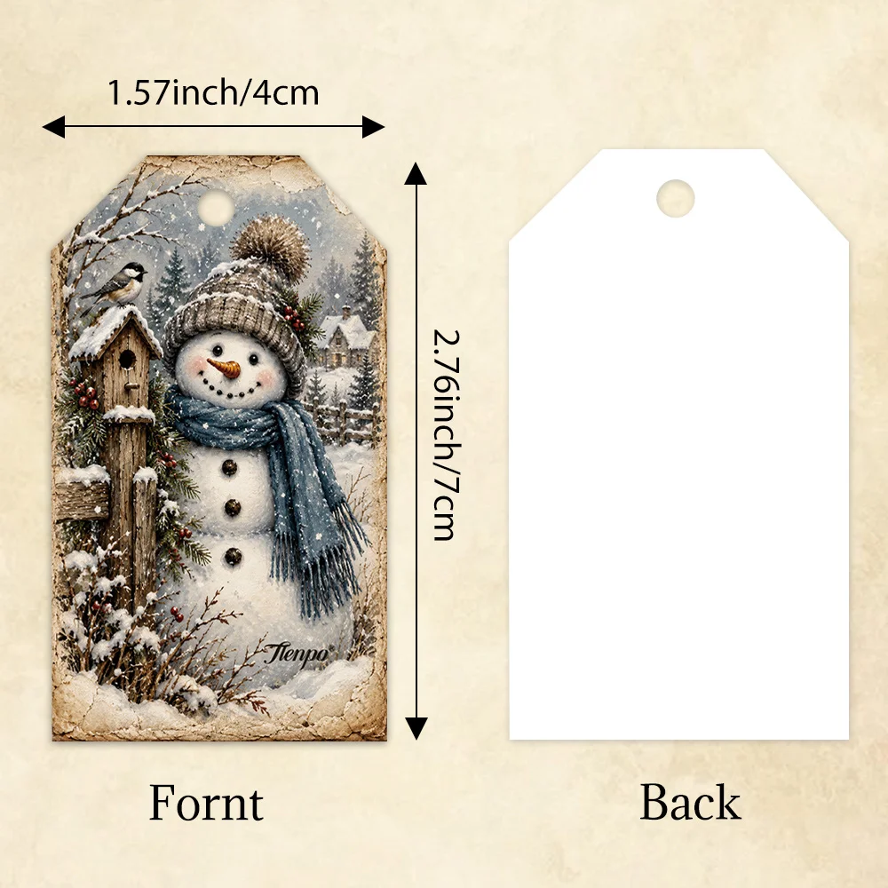 40pcs, Gift Tags, Vintage Garden Snowman Xmas, Hanging Paper Labels for Gift Wrapping, Holiday Party Decor with String