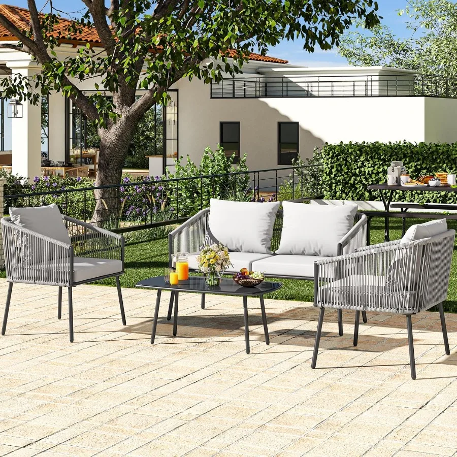 Ensemble de bistro de meubles de patio extérieur 4 pièces avec causeuse à double corde grise AllWeather et table en métal pour terrasse de balcon d'arrière-cour F