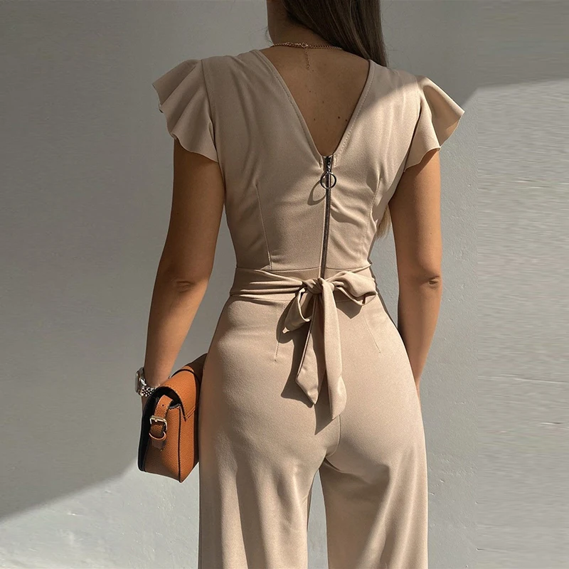 

Ruffled Short Sleeved High Waist Pocket Pants Romper 2025 Summer Clothes Women's Jumpsuit Simple Solid V Neck Commuting Playsuit