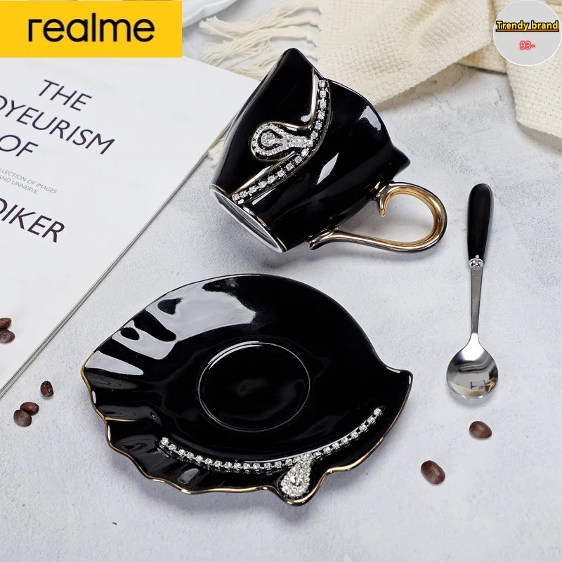 

Realme Creative Simple European-style Diamond-encrusted Ceramic Coffee Cup Saucer Set Luxury Classic Couple Teacup Coffee Cup