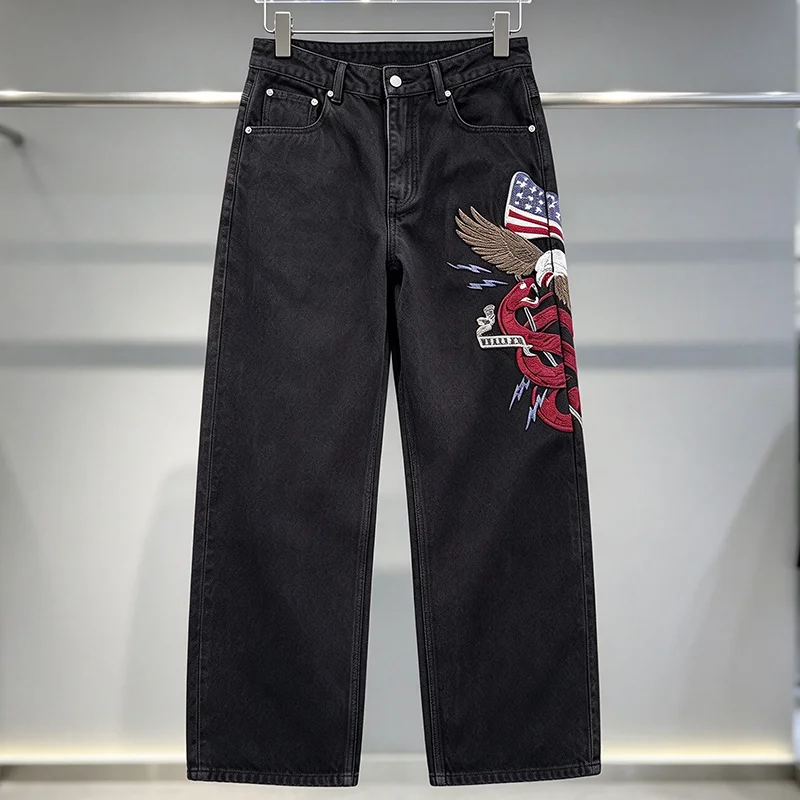 DERSCHUTZE Men Black Denim Jeans Eagle and Snake Embroidery Pattern Wide Leg Loose Streetwear Trousers