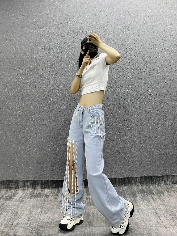 Jeans con Design a catena strappati con perline estate nuova vita alta da donna pantaloni larghi e dimagranti dritti a gamba larga abbinati Street