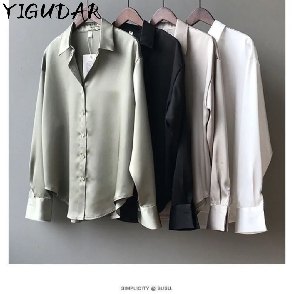 2024 Women Satin Silk Shirt Summe Evening Dress Fashion Button Vintage Blouse White Lady Official Dress Long Sleeves Loose Top