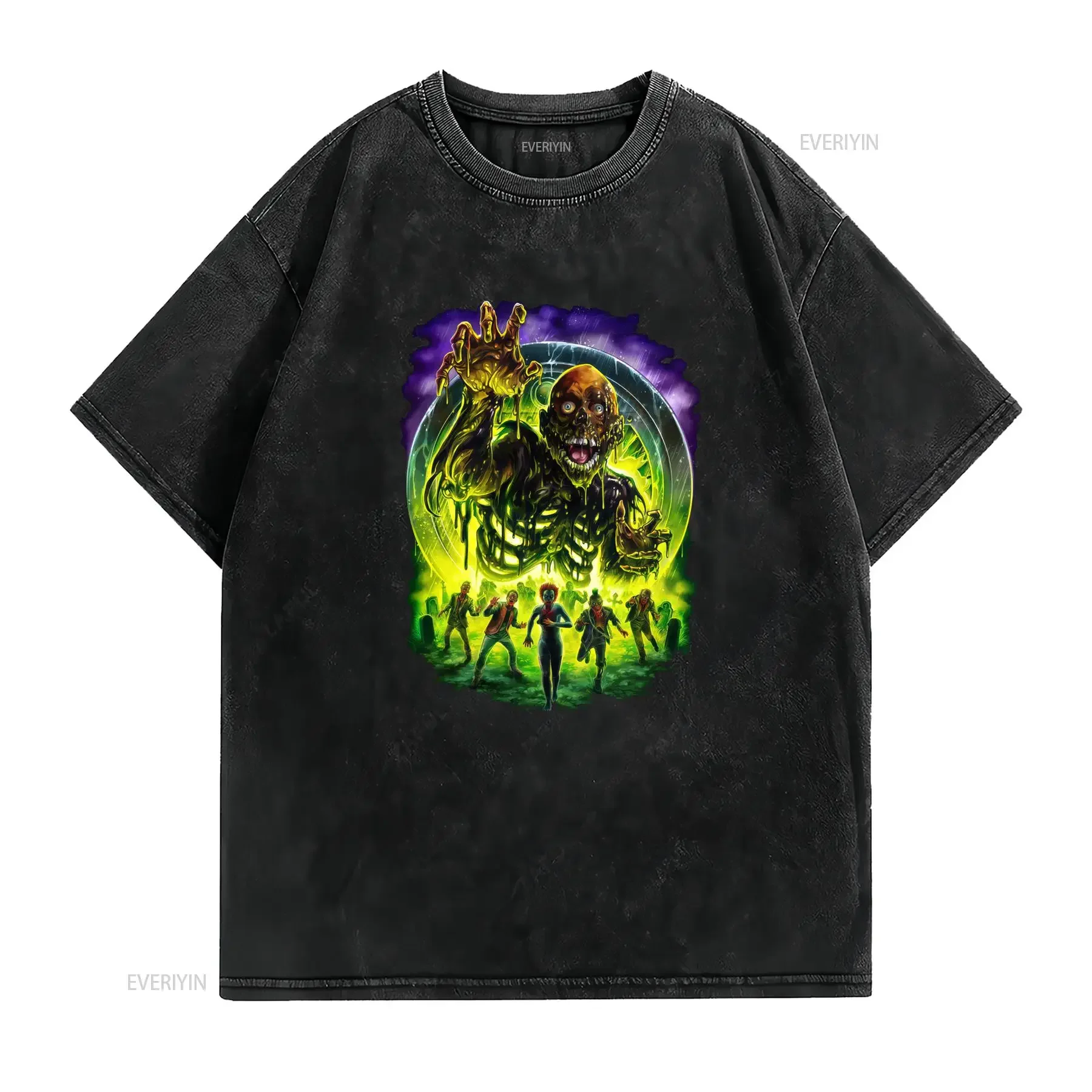 Gothic Horror Neon Zombie Apocalypse Graveyard Print Casual T Shirt vintage Washed Soft Unisex Comfortable Versatile fashion