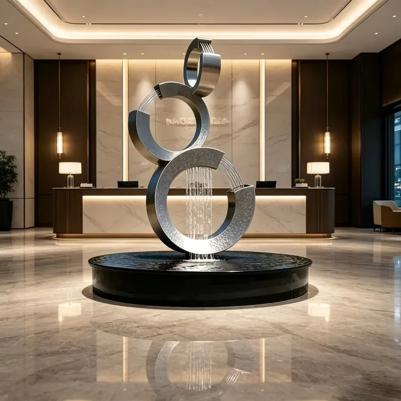 Hammered Stainless Steel Three Ring Cascade Fountain Sculpture Indoor Circular Water Feature Lobby Decoration