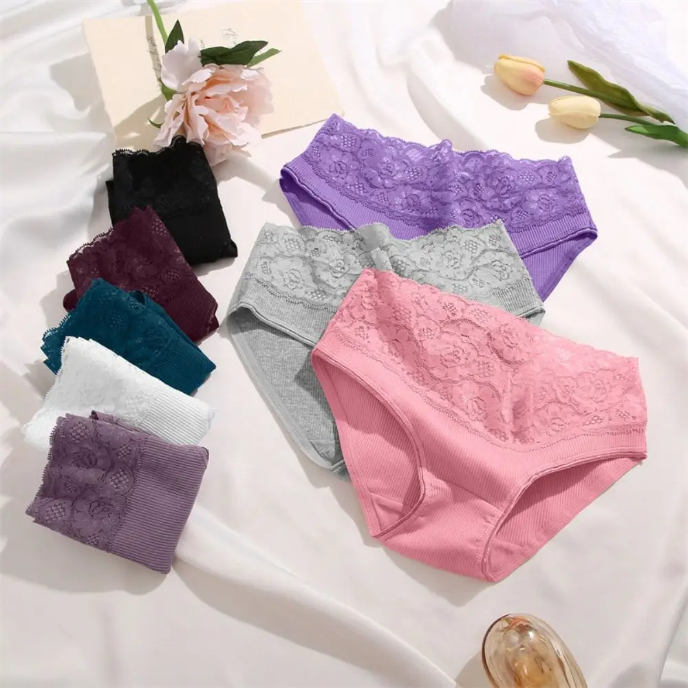 Fashion Mesh Lace Briefs Underpants Flower Low-Waist Panties Lingerie Solid Color Women's Cotton Briefs Gifts