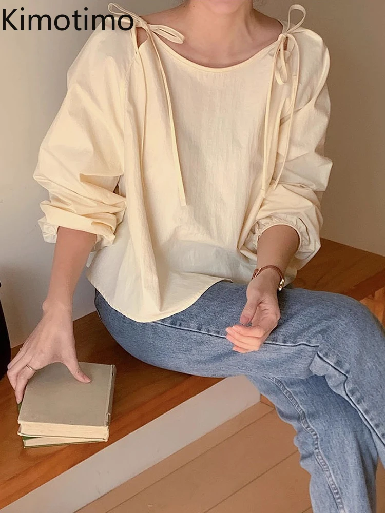 

Kimotimo Korean Chic Hollow Out Lace Up Bow Solid Shirts Women Autumn New Sweet Loose Casual Puff Sleeve Tops Fashion Blouse INS