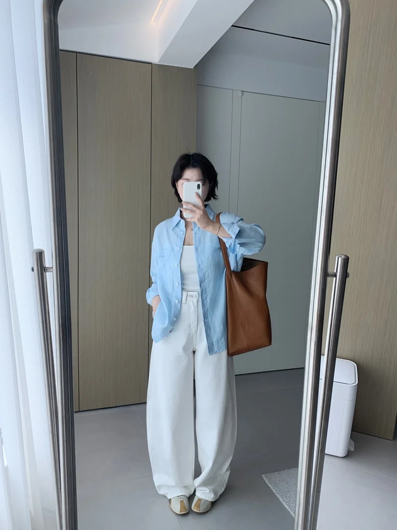 

Ladies' Casual Style Pure Color Full Linen Embroidered Long Sleeve Shirt Loose Fit Sun Protection Slimming Top for Spring Summer