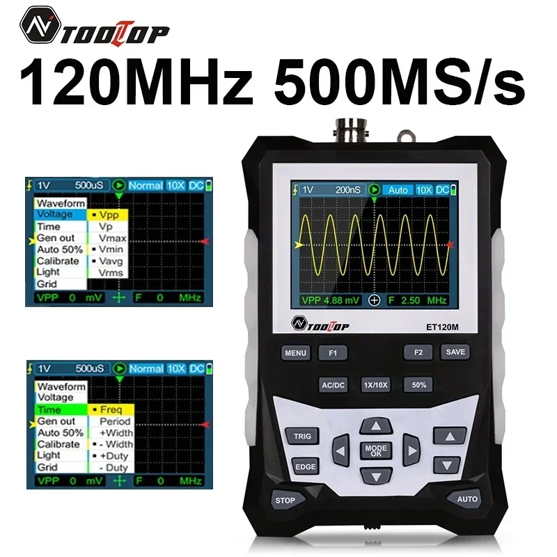 

TOOLTOP 120MHz 500MS/s Portable Digital Oscilloscope Auto Laboratory Scope for Electrical Repair ET120M Mini Oscilloscope