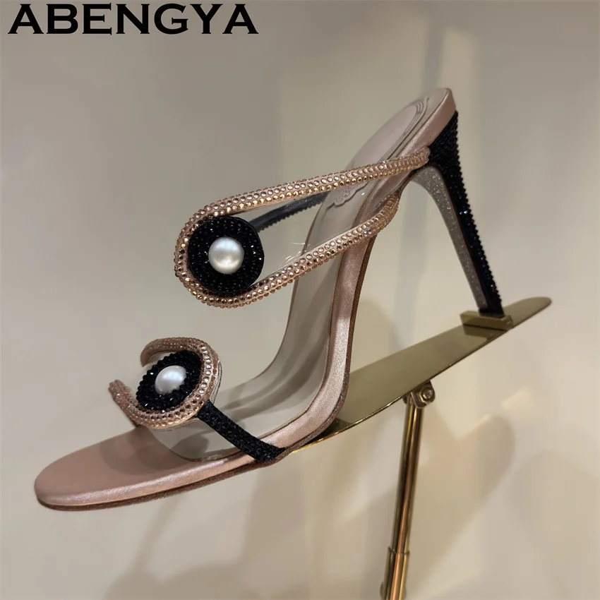 

New Luxury Open Toe Thin Hing Heel Slippers Woman Inlaid Rhinestone Stiletto Mules Shoes Summer Sexy Gladiator Party Shoes Women