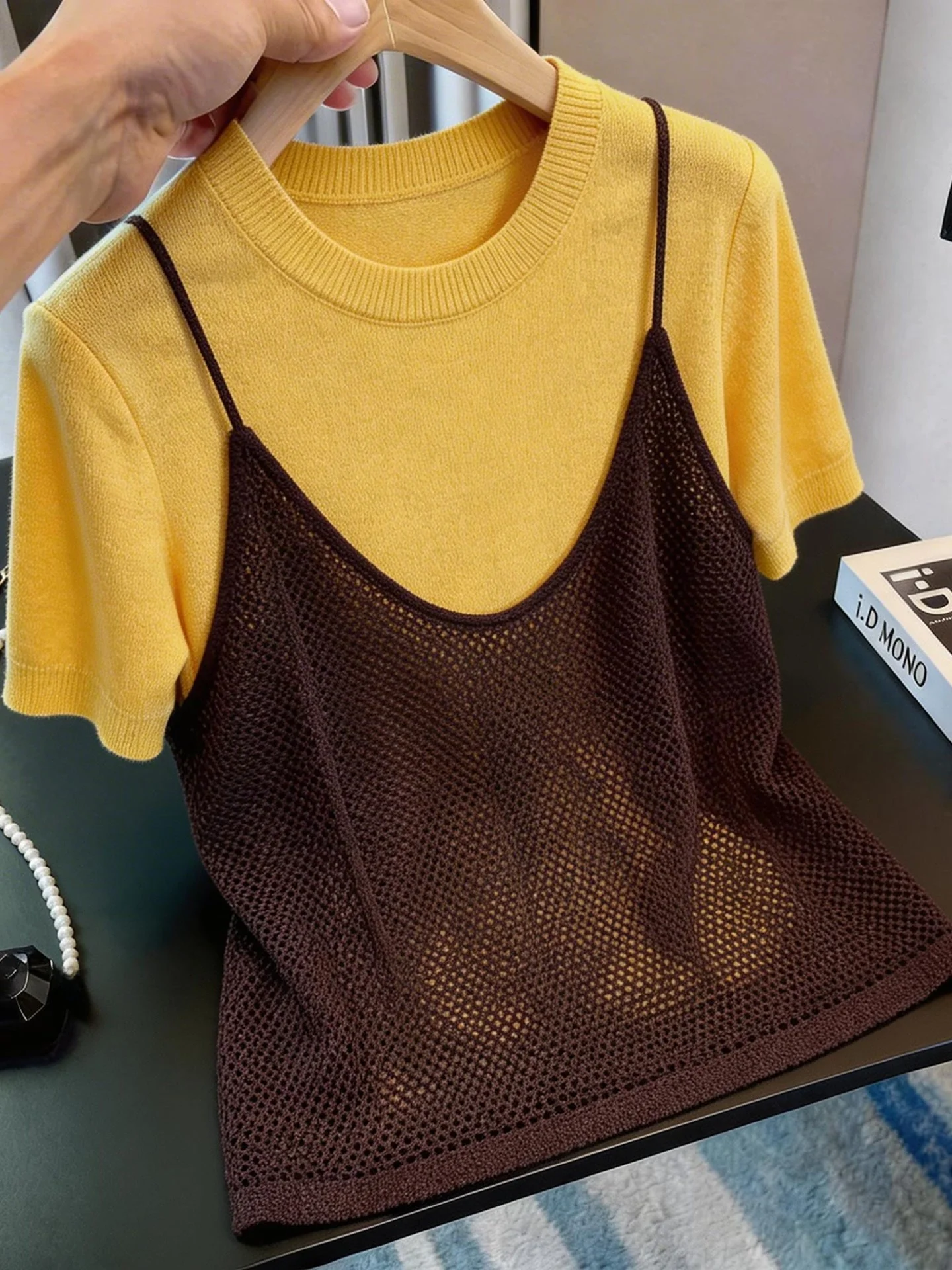 

Fashionable Knitted Short Sleeve Illusion Two-Piece Slim Fit Top High Waist Commute Style Summer New Arrival Women's Innerwear