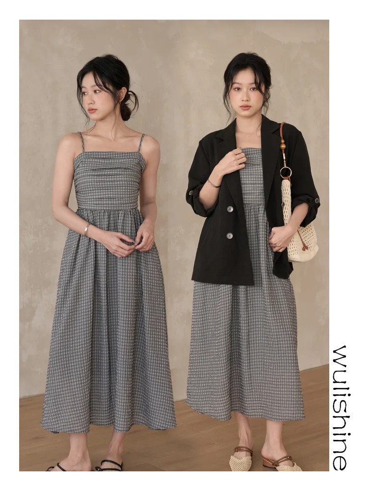 

Adjustable Straps Plaid Tube Dress Summer New Style High Waist Vintage Polyester Rayon Nylon Material Gown for Ladies