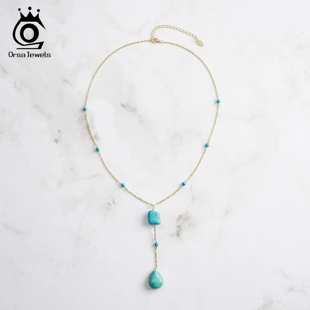 

ORSA JEWELS Classic Y-Shaped Necklaces 925 Sterling Silver Turquoise Stone Chain Long Choker Necklace Party Jewelry Gift GMN50