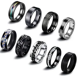 9Pc Stainless Steel Band Ring for Men Women Cool Fidget Spinning Chain Ring Anxiety Relief Fashion Wedding Engagement Black Ring