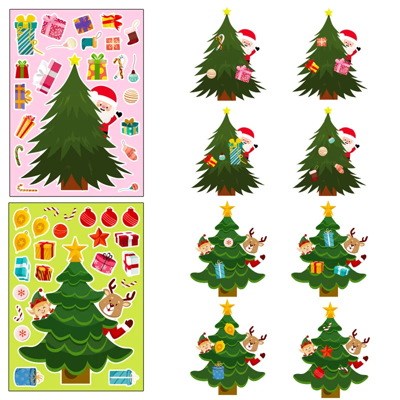 6 Sheets/Set Christmas Tree Stickers Kids Handmade DIY Puzzle Sticker Make a Xmas Tree Stickers Gift Decoration Decal