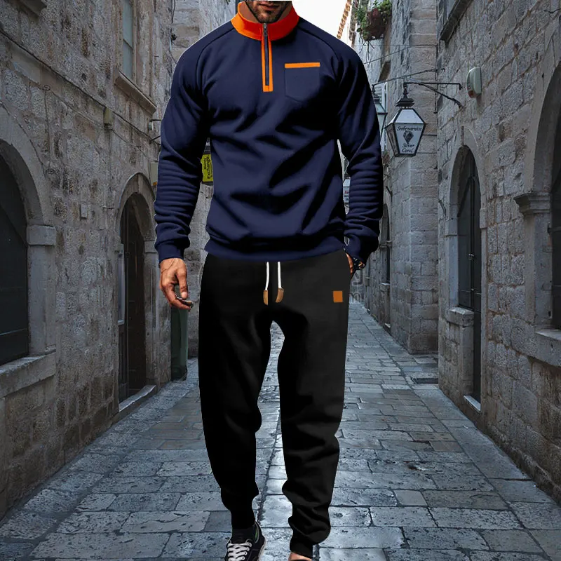 Herfst En Winter Kasjmier Herenpak Outdoor Casual Herenkleding Bijpassende Kleur Rits Opstaande Kraag Hoodie En Sweatpant Pak