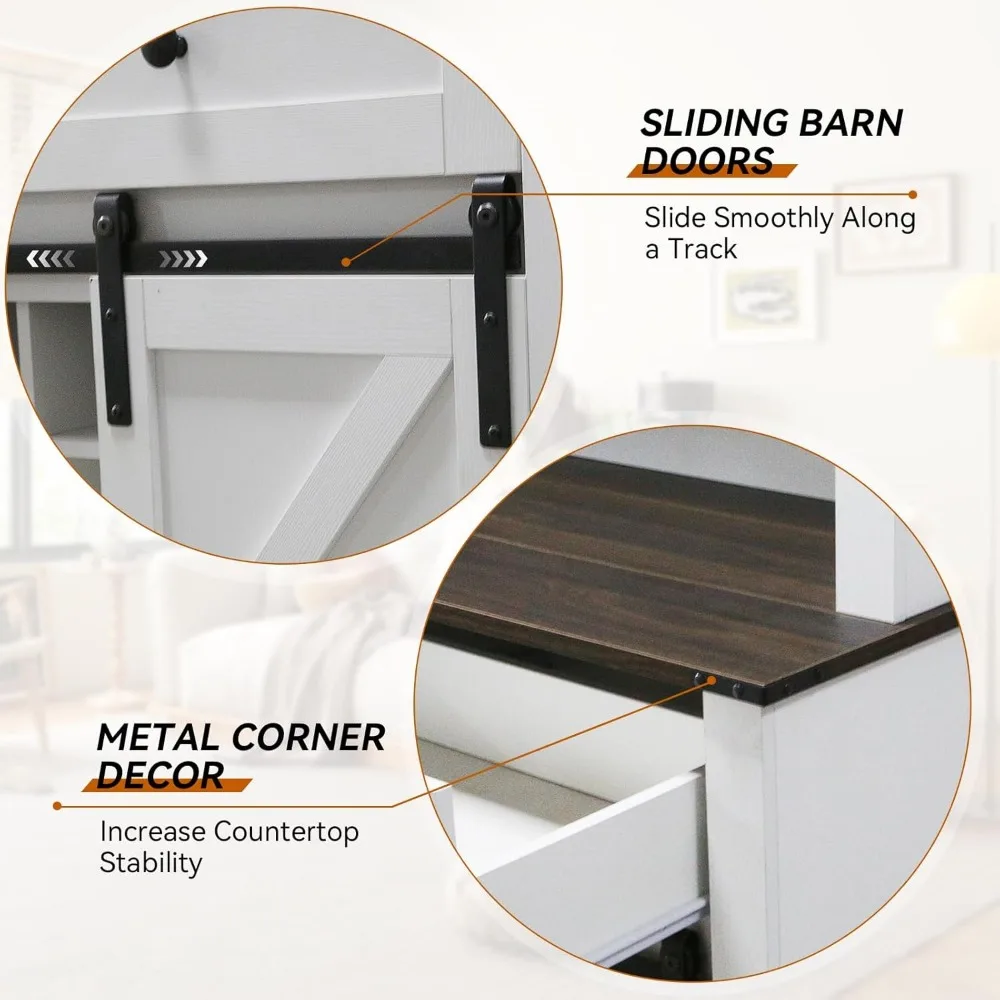 ファームハウススタイルの背の高いキッチンビュッフェキャビネット、引き戸とワイングラス収納付き