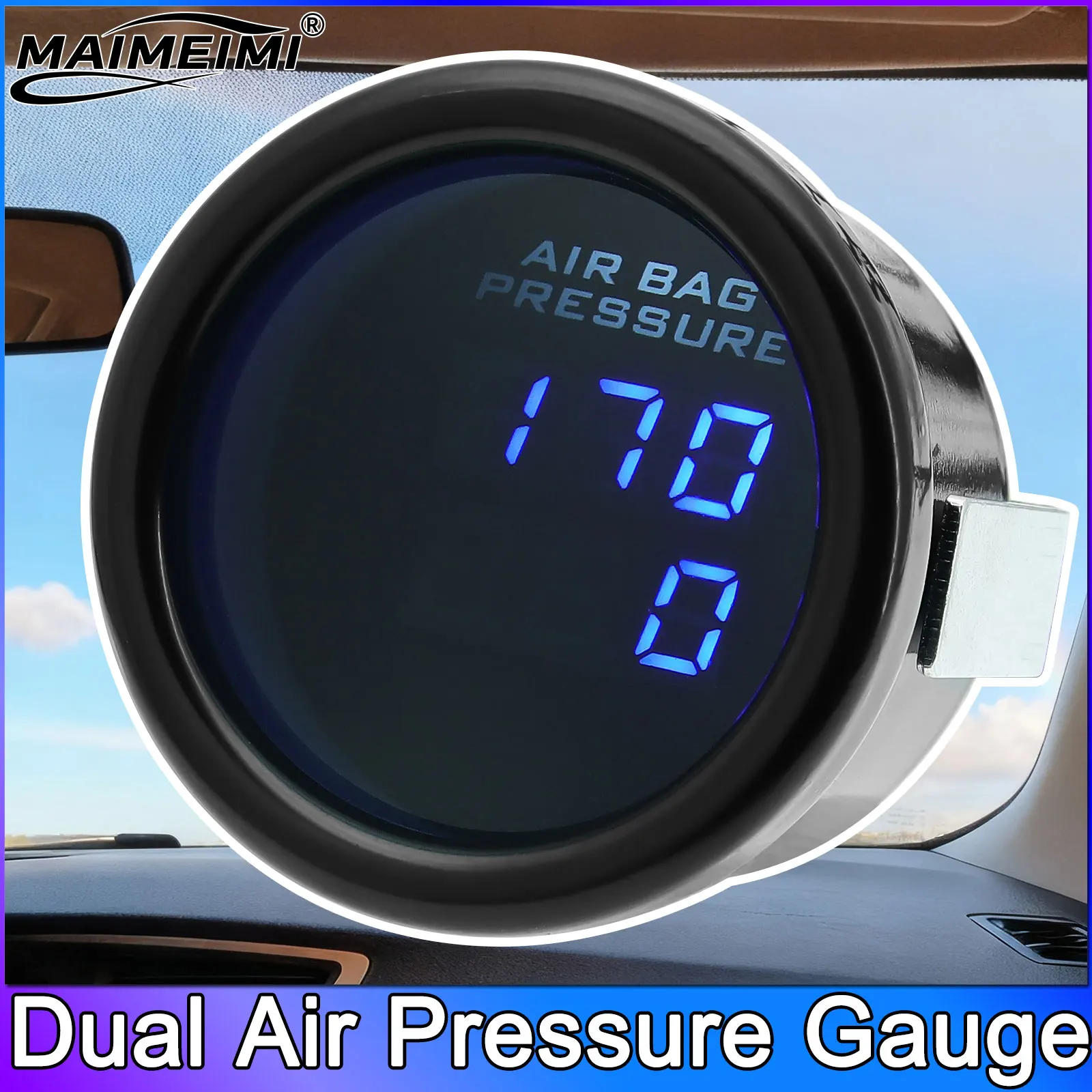 

QC Universal LED Display Dual Air Suspension Pressure Gauge 52mm Meter + Sensors Air Ride Gauge With 1/8NPT Sensors BLUE 220PSI