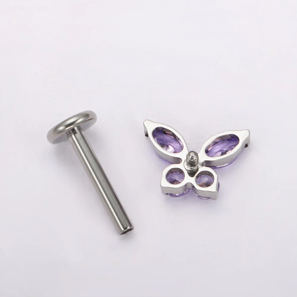 PUTITUP ASTM F136 التيتانيوم فراشة أقراط مرصعة بحجر الزركون روك الشرير نمط الأذن العظام الشفاه مسمار العالمي هيئة ثقب المجوهرات