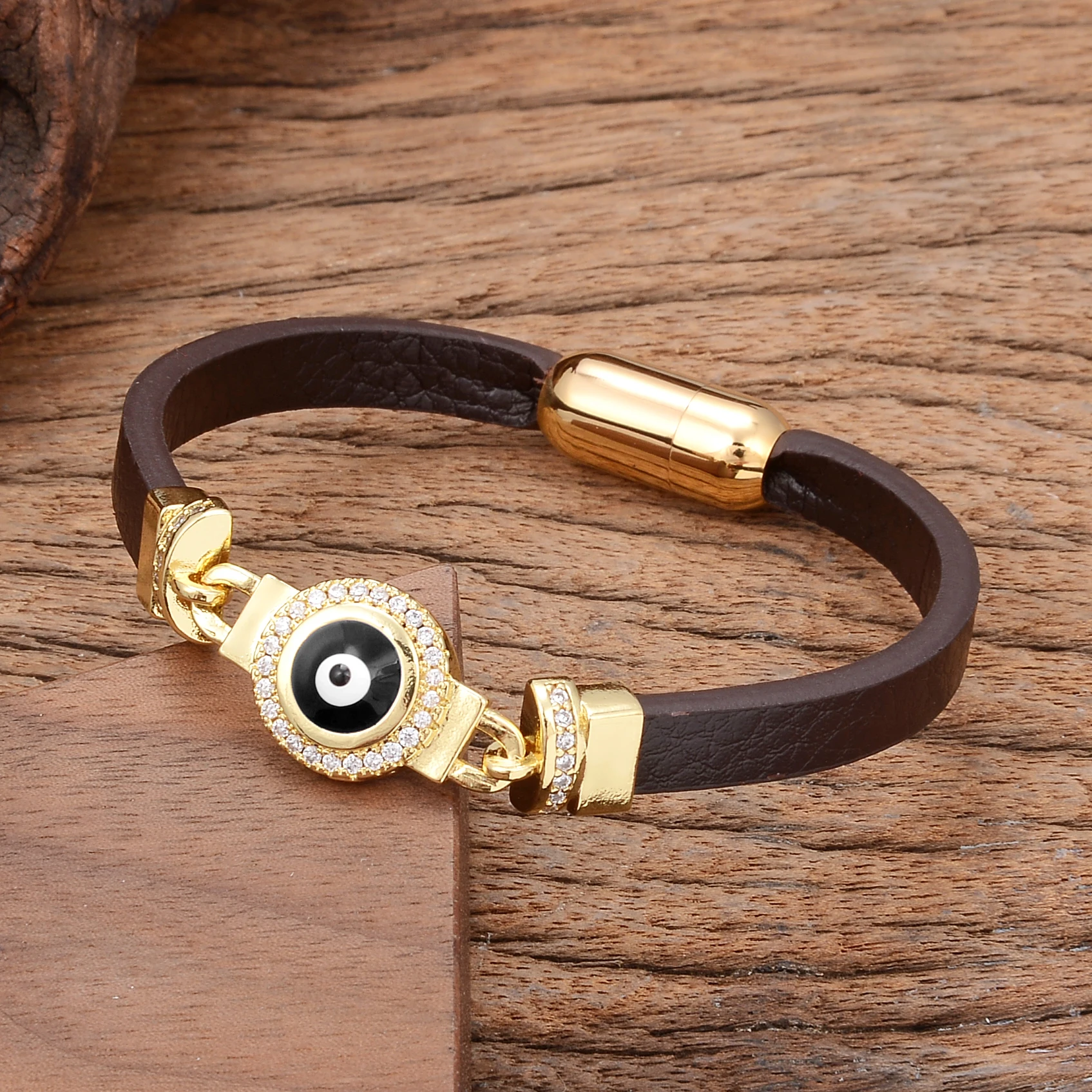 Nieuw In Zirkonia Lederen Armband Voor Vrouwen Blauw Boze Oog Mannen Armbanden Armband Kpop Vrouwen Rvs Gesp Sieraden