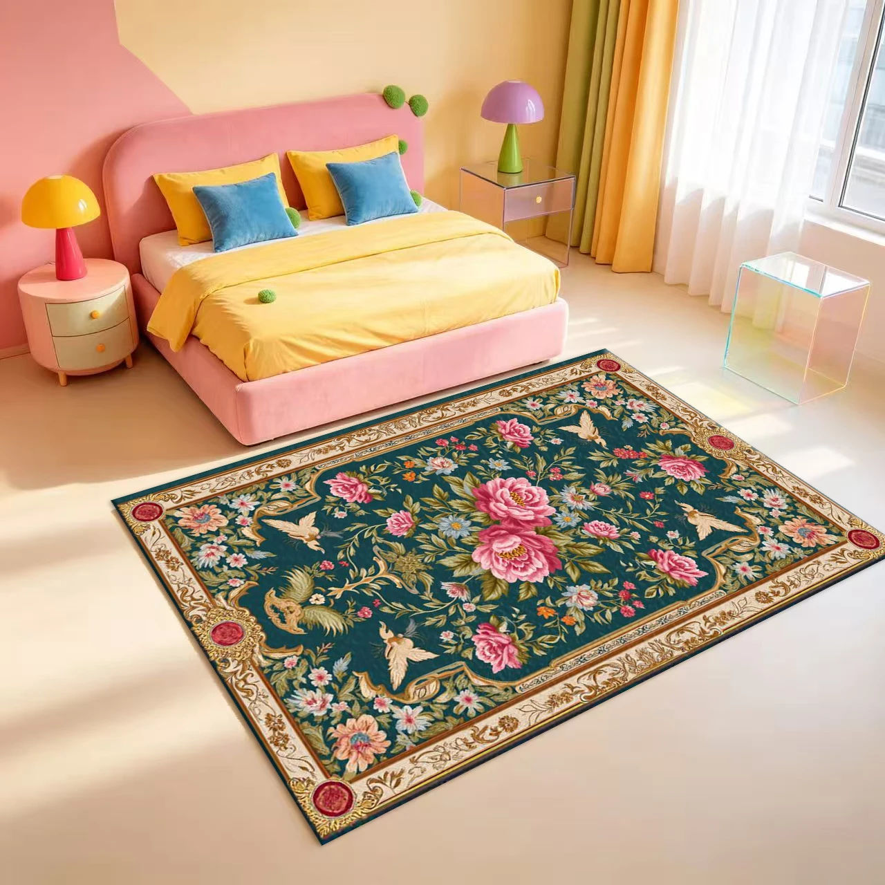Luxurious Peony Bird Carpet Floor Mat with Vintage Baroque Floral Ornate Border for Living Room