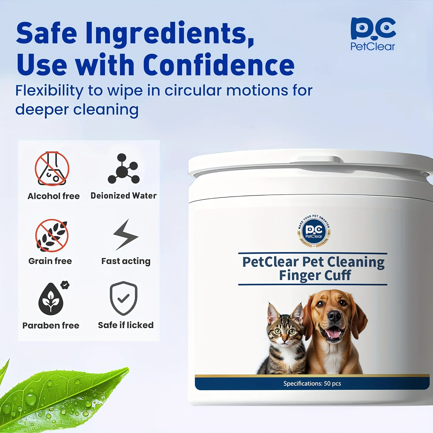 PETCLEAR 50 pièces lingettes pour doigts de toilettage pour animaux de compagnie, élimination des taches de déchirures de chien et de chat, nettoyage des dents d'oreille multi-usage, lingettes pratiques naturelles