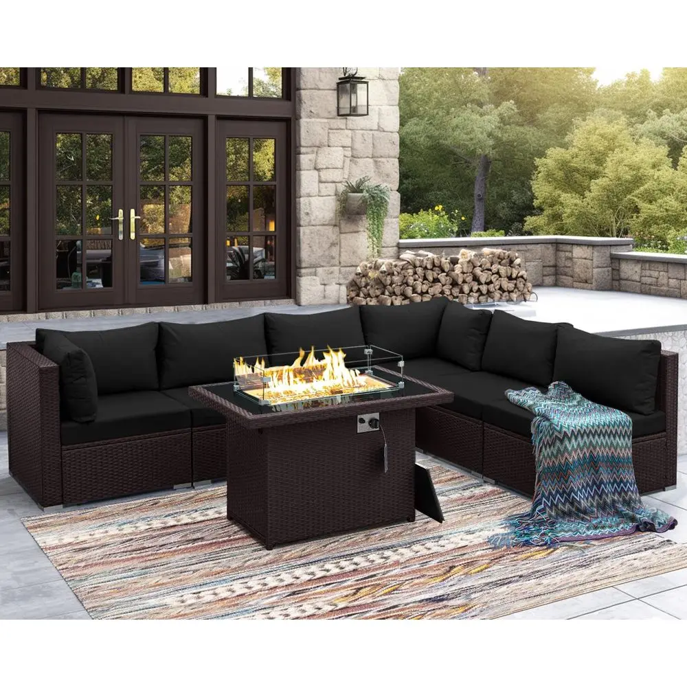 

7 Piece Outdoor Patio urniture Set with ire Pit Table Natural Gas/Propane, Tall Wide Deep Sectional Couch Soa or Outside, 29.3''
