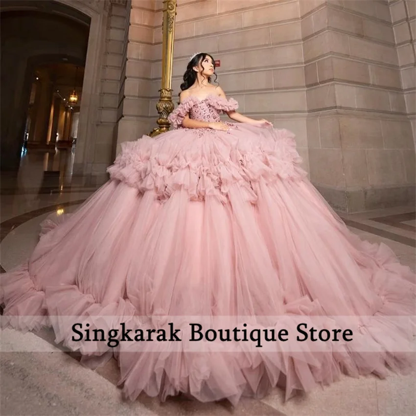 

New Pink Tulle Ball Gown Quinceanera Dresses 2025 Crystals Appliques Ruffles Sweet 15 Dress Vestidos De 15 Años Customized
