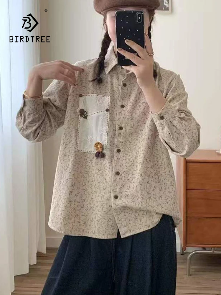 신상품 2025 겨울용 면 긴팔 브러시드 셔츠, 여성용 라펠 프린트 자수, 모리 걸 프레리 시크 루즈 블라우스 T5N556CC