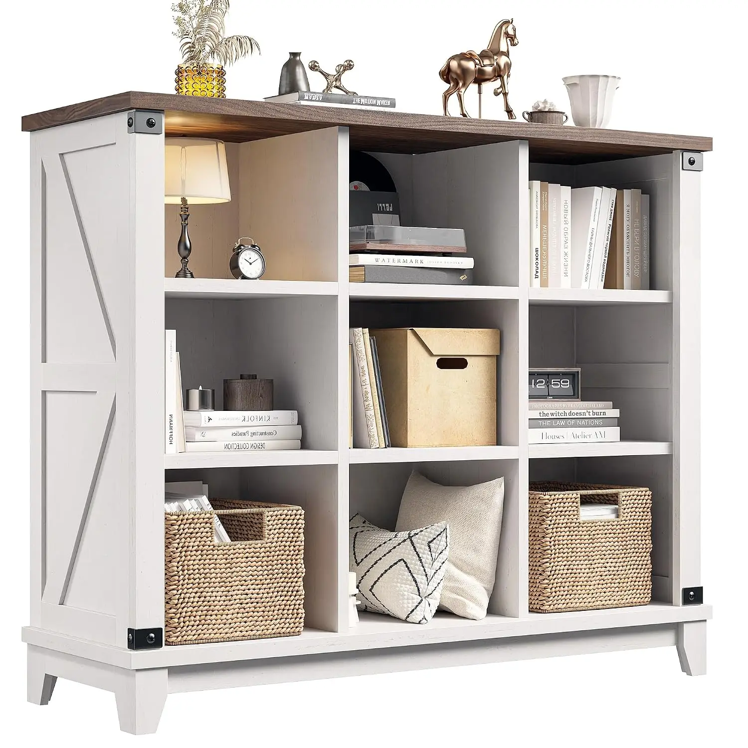 Farmhouse 9-Cube Storage Organizer For Living Room, White | Home Organization Lovers, Wood & Metal, Holds 386 Lbs,, Customized