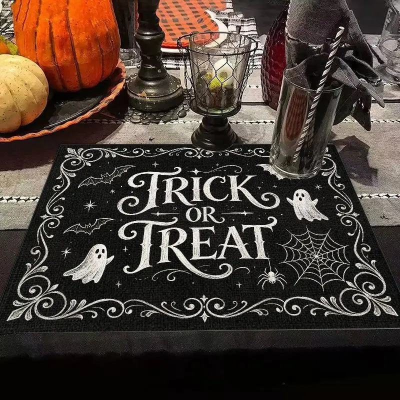 VIKAMA Trick Or Treat Halloween Placemat Ghost Spider Web Print Linen Gothic Spooky Dinner Party Table Decor