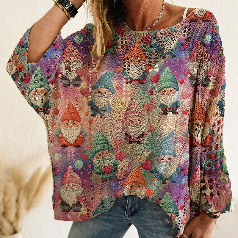 Feminino o pescoço manga morcego camisola solta novo casual crochê festival camisola topo outono natal impresso oco camisola de malha