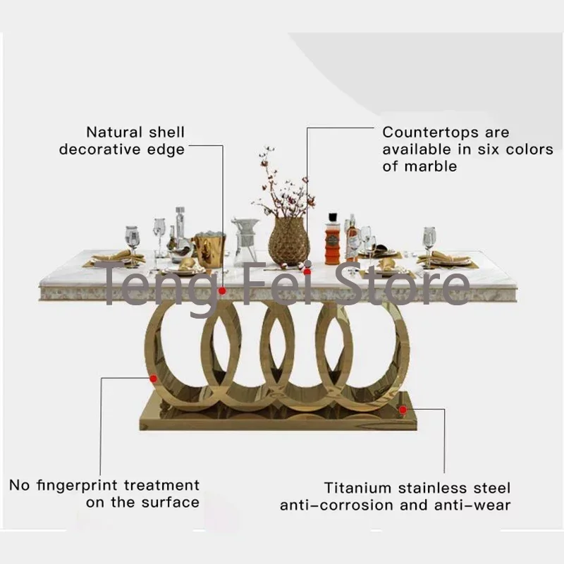 포스트 모던 대리석 식탁 세트, 스테인레스 스틸 아파트, 금색 조각, 메사 코메도르 가정용 가구, 의자 조합, WK