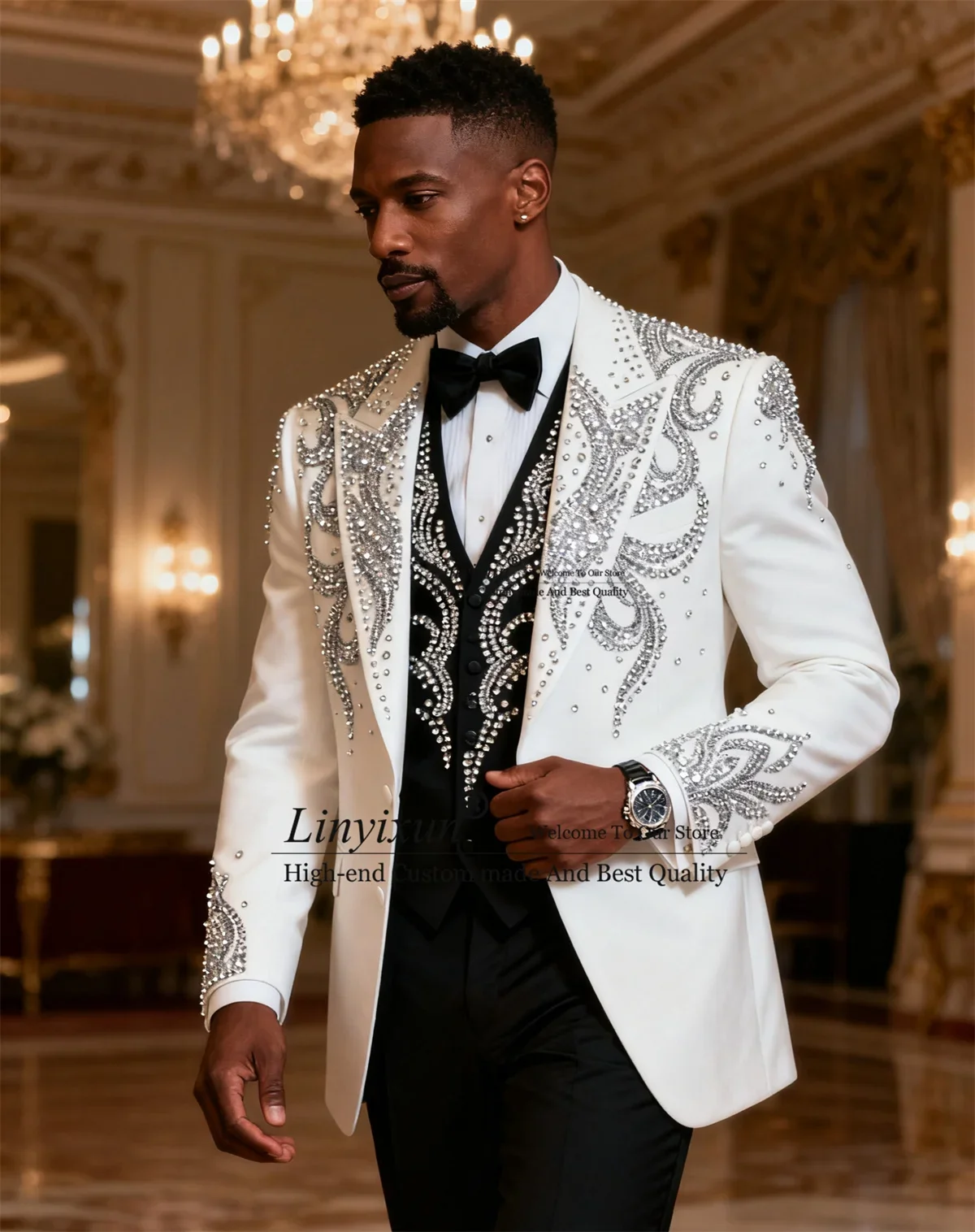 

Формальные приталенные мужские костюмы, комплекты из 3 предметов, мужские пиджаки для жениха, индивидуальные свадебные смокинги со стразами и бисером, с остроконечными лацканами, Ropa hombre
