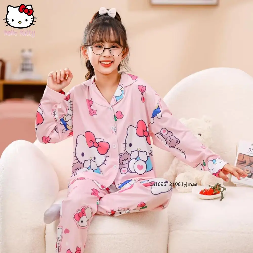 

Sanrios Girls Pajamas Kawaii Hello Kittys Cartoon Spring Autumn New Long Sleeves Combed Cotton Thin Student Child Lounge Clothes