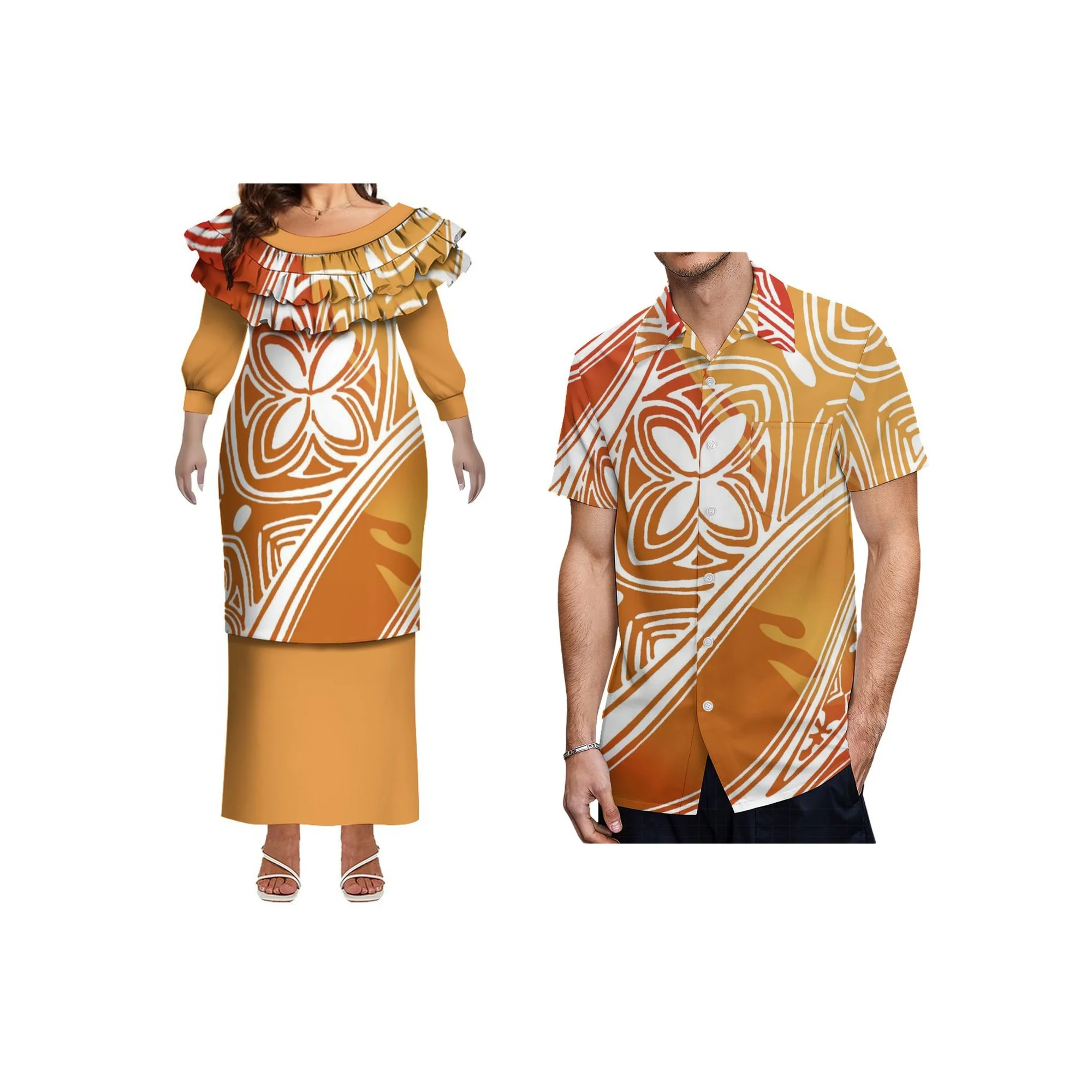 

Pacific Island Design с круглым вырезом, женское платье Puletasi, индивидуальный матч, полинезийская одежда для племенной пары, мужская рубашка Aloha, комплект из двух предметов