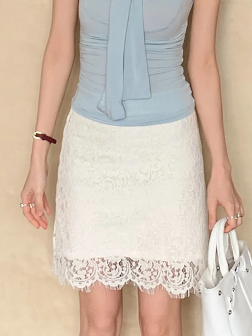 Alien Kitty Sommer, figurbetont, schmal geschnitten, mittellange Röcke für Damen, Spitze, Blumen, 2025, sanfte hohe Taille, Bürodame, Arbeitskleidung, Neu