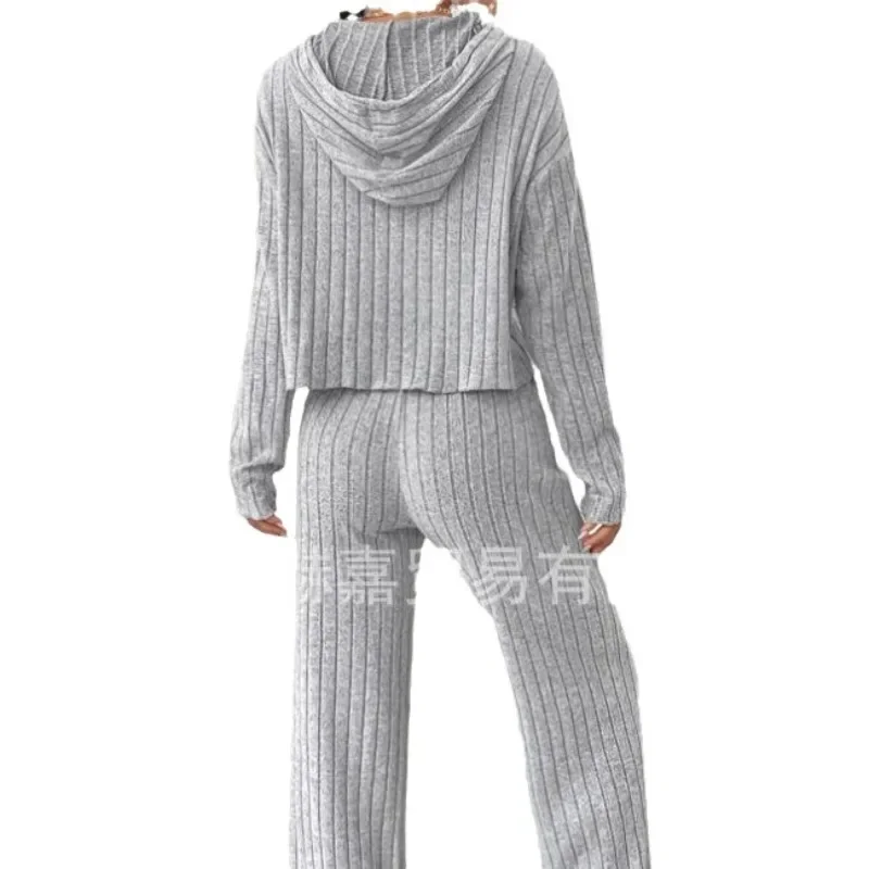 Autumn and Winter Leisure Knitted Long Sleeved Women\'s Set Foreign Trade Hooded Sweater Loose Pants Two Piece Set for Women