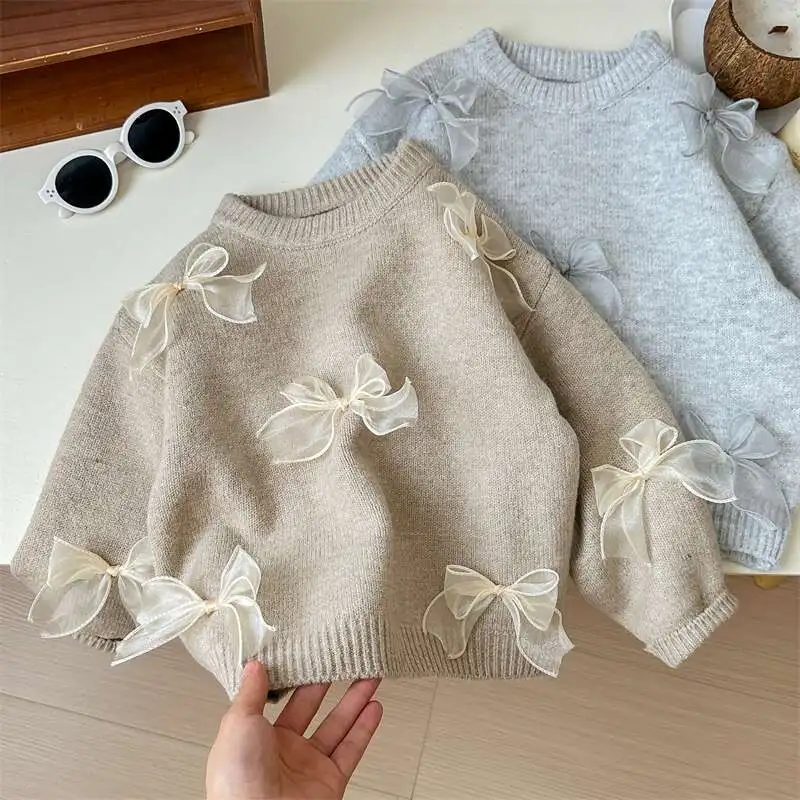 Girls Sweater Autumn Winter Girls Sweater Solid Color O- Neck Bow Knitted Bottoming Shirt For Girls Fashion Knit Woollen Sweater