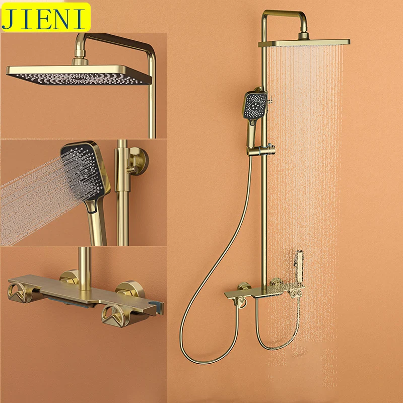 

JIENI Brass Shower Set Brushed Gold ABS Square Showerhead 4 Functions Luxury Shower System W/ Bidet Handheld & Bottom Outlet