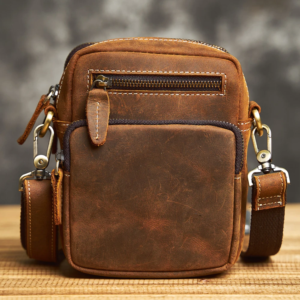 Genuine Leather Men\'s Shoulder Bag Vintage Style Small Satchel Large Capacity Waist Bag Mobile Phone Bag Crossbody Bag